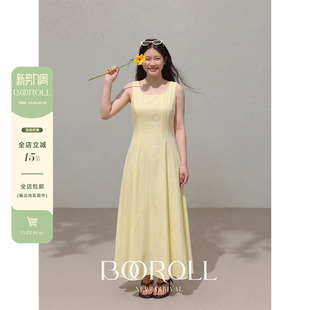潘不卷大码女装法式黄色方领无袖收腰背心连衣裙春季a字长裙胖mm