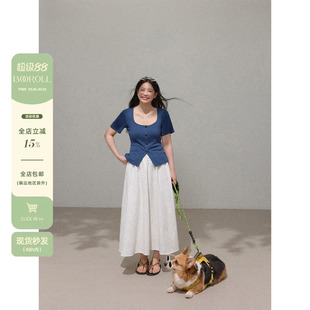 潘不卷大码女装微胖mm法式蓝色方领针织短袖t恤女夏正肩掐腰上衣