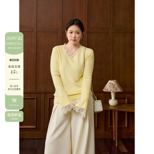 潘不卷大码女装黄色蕾丝拼接v领打底针织衫微胖mm冬内搭毛衣上衣