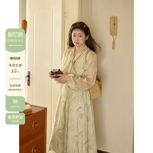 连衣裙女早秋收腰长袖 潘不卷大码 碎花雪纺泡泡袖 胖mm法式 裙子 女装