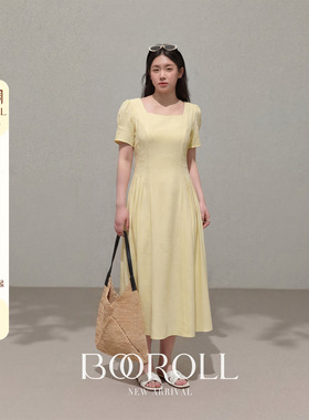 潘不卷[3/30-4/2新品一件85折满2件75折]黄色方领泡泡袖连衣裙春
