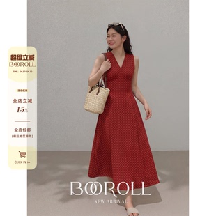 微胖法式 红色波点海边度假挂脖吊带连衣裙沙滩长裙 女装 潘不卷大码