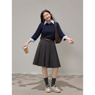 潘不卷大码女装微胖mm韩系假两件polo领长袖针织衫秋季百褶裙套装