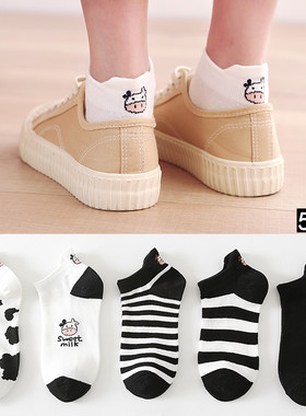 袜子女夏季薄款短袜纯棉浅口黑白色奶牛可爱卡通低帮日系船袜ins