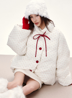 lunabloom热恋甜心红色波点爱心蝴蝶结系带羽绒服撞色包扣A型棉服