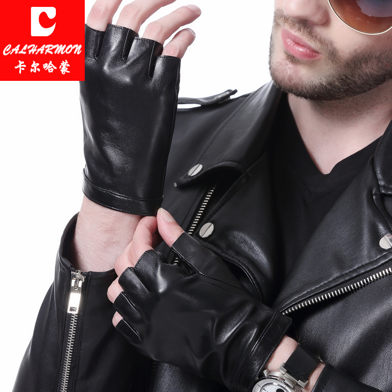 卡尔哈蒙真皮手套男户外骑行开车保暖霹雳半截露指潮韩版时尚羊皮