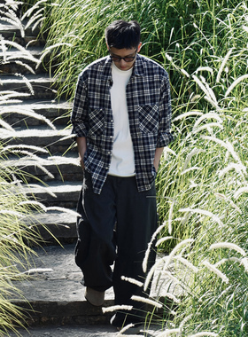 shortfuse日系复古藏青色磨毛长袖美式宽松休闲外套格纹衬衫男女