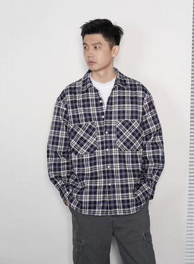 shortfuse新款日系复古磨毛宽松长袖格纹衬衫男休闲百搭情侣外套