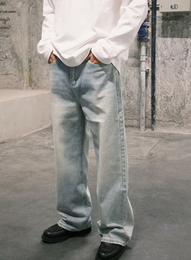 shortfuse13oz美式复古经典浅蓝色水洗做旧直筒牛仔裤男