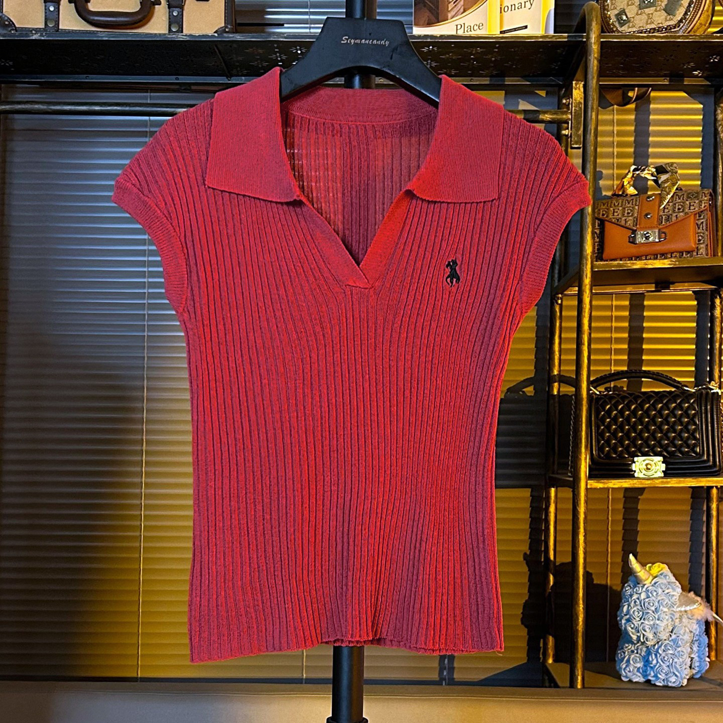 POLO领修身高质量冰丝针织衫短袖女薄款罩衫2026夏季新款红色上衣