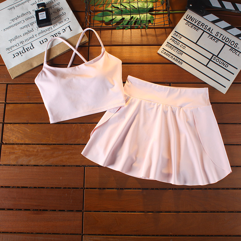 吊带运动内衣套装女夏季透气假两件短裙瑜伽训练一体式细肩带文胸
