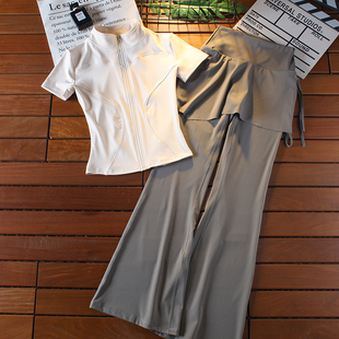 立领短袖套装女春夏季速干假两件喇叭裤瑜伽收腰显瘦拉链半袖上衣