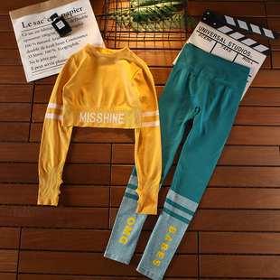 紧身字母健身服套装女秋季长袖速干显瘦弹力高腰裤横杠条纹瑜伽服