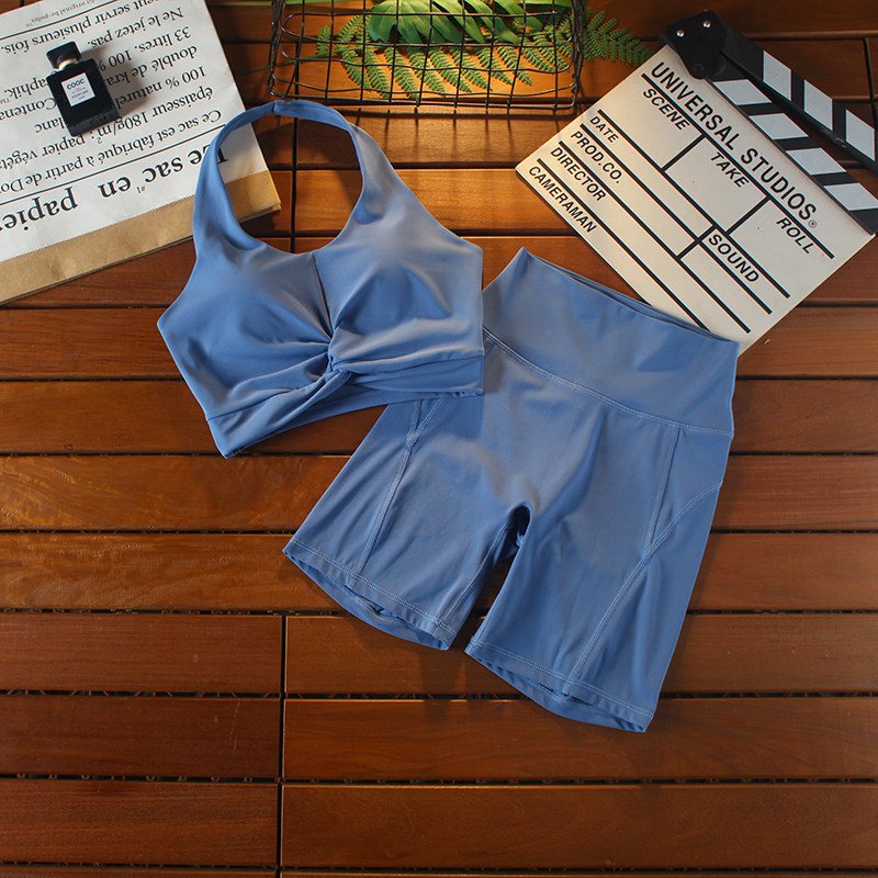 挂脖文胸瑜伽套装女夏弹力紧身短裤健身房运动训练固定一体式内衣