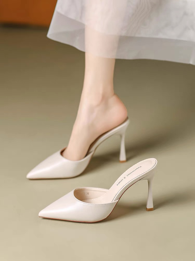 杏色懒人时尚外穿一脚蹬包头拖女夏细跟法式简约尖头软皮半托凉鞋