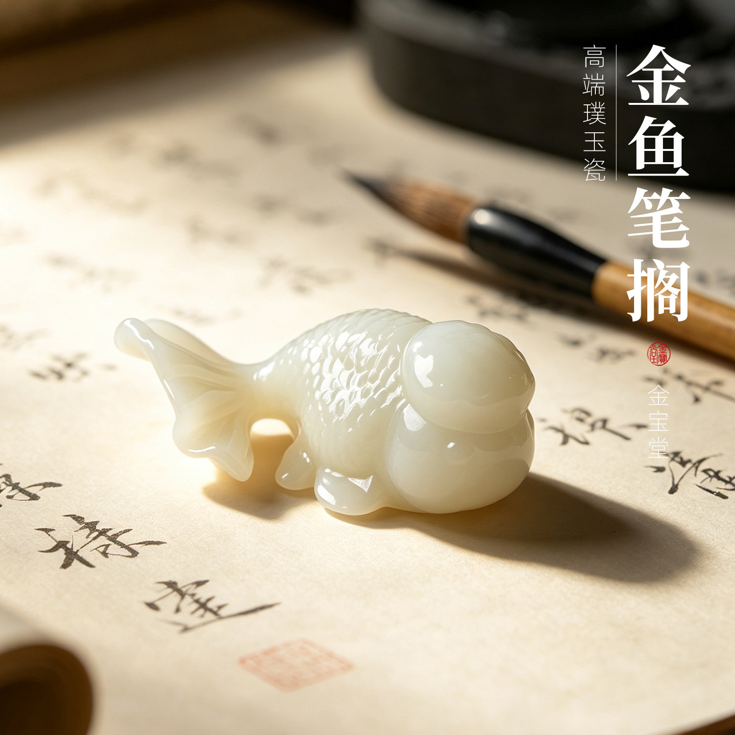 原石料手工雕刻金鱼镇尺可爱摆件书法纸国画压纸文房四宝毛笔专用