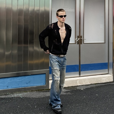 DTHEREAL 25FW 秋冬不规则镂空黑色拉链开衫针织长袖毛衣