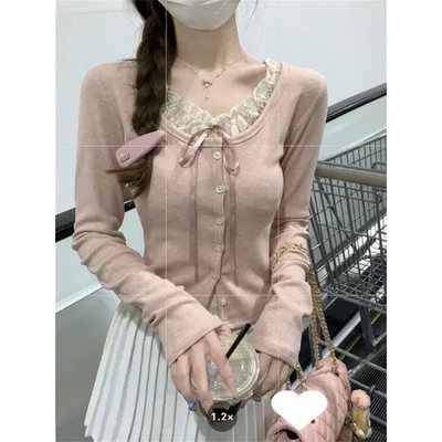 长袖bmT恤工厂设计感芭蕾风小上衣女欲早秋假两件纯系带蕾丝