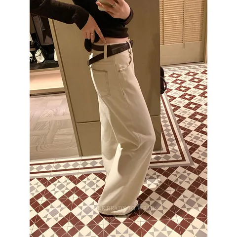 微阔显瘦女送腰带信标百搭秋牛仔裤米杏色哼哼*雪线黑豆长裤拖地