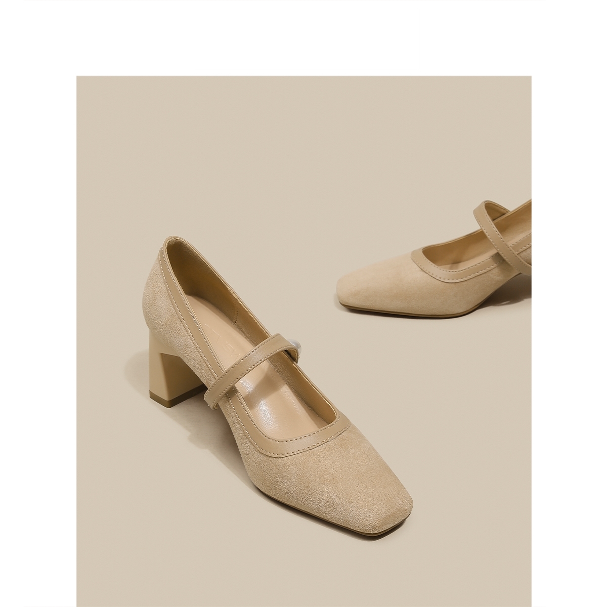 法式复古粗跟玛丽珍鞋女小香风方头高跟鞋裸色温柔浅口单鞋