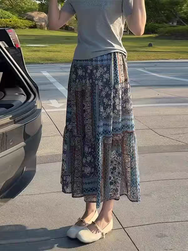 碎花半身裙女2025夏季新款减龄印花宽松显瘦高级感气质褶皱中长裙