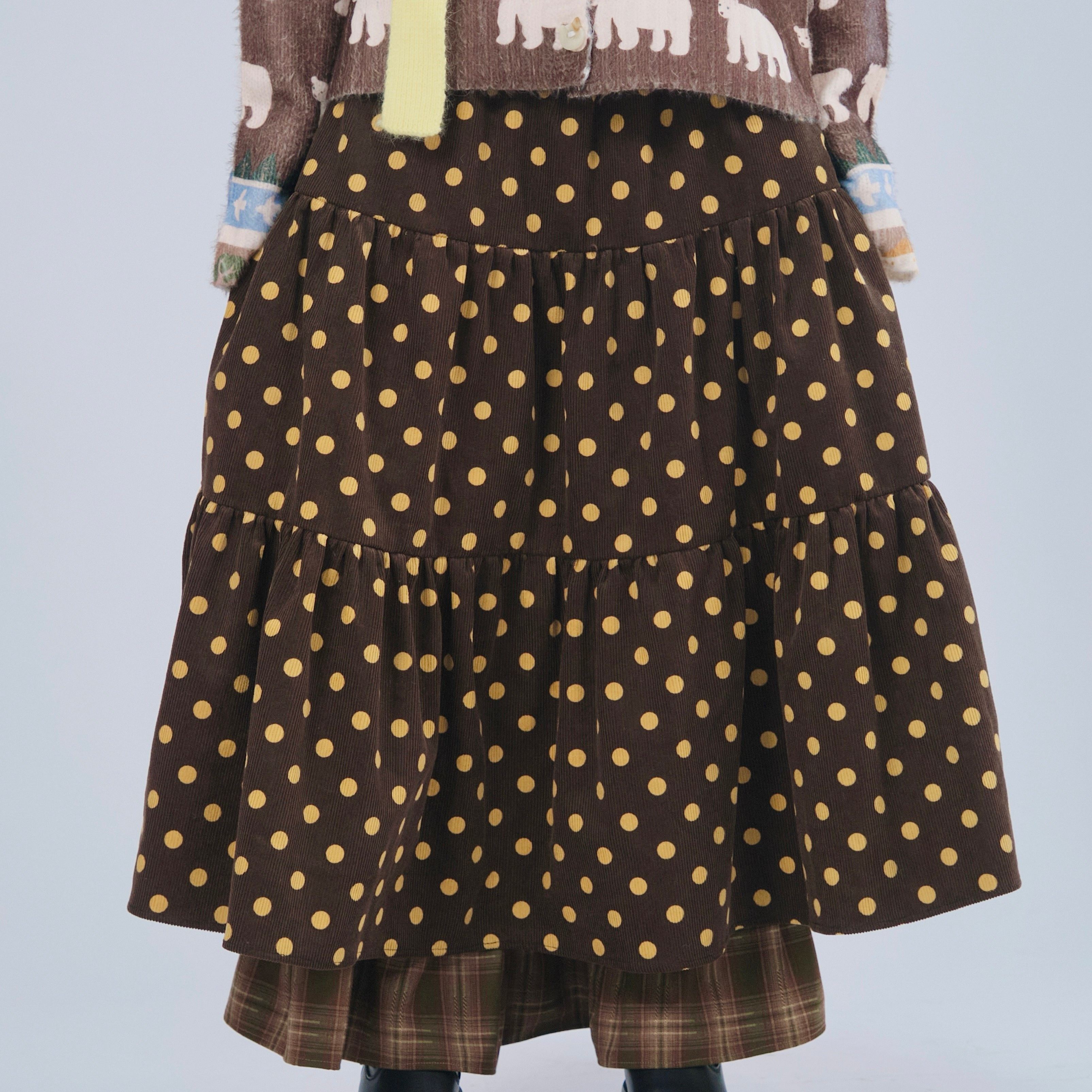 喵猫虫士多复古波点灯芯绒双层重工高腰A字半身裙女假两件