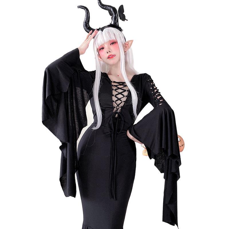 万圣节成人化妆舞会cos服装女巫长袖连衣裙蝙蝠中世纪暗黑哥特裙