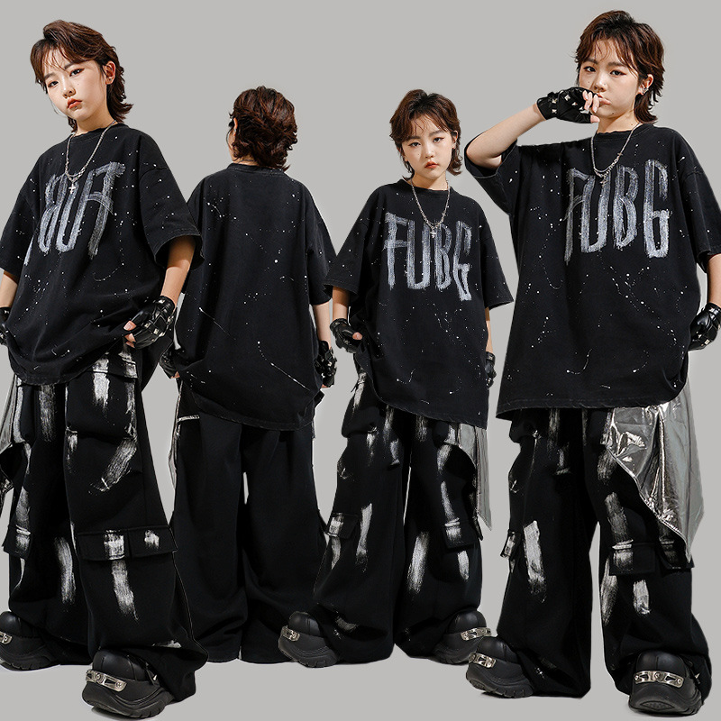 少儿locking街舞演出服嘻哈酷帅男童套装hiphop女童潮牌童装夏季