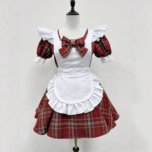 日系圣诞节天使女仆装可爱红色格子洛丽塔COS狗短女佣套装连衣裙