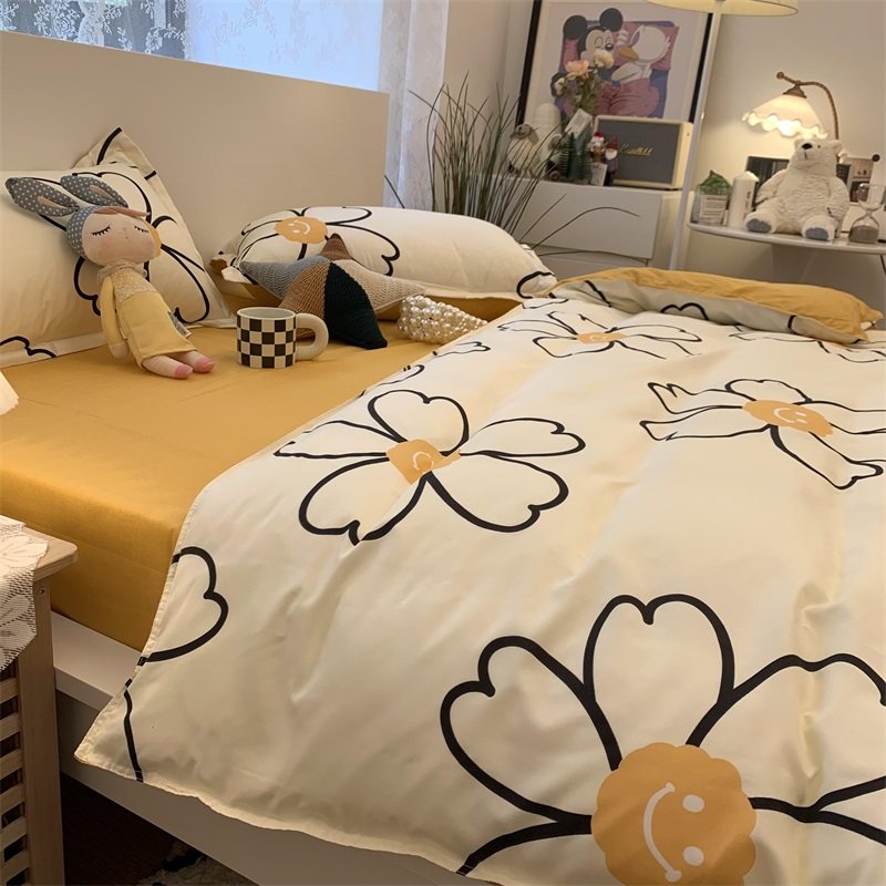 ins简约少女心小清新微笑花床上四件套田园风床单被套宿舍三件套4