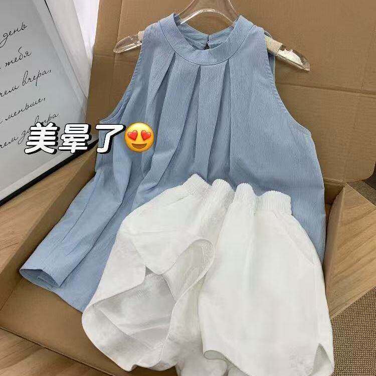 甜美清新套装女夏季新款蓝色无袖衬衫上衣搭配高腰阔腿短裤两件套