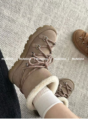 MUNISHA 顶配 滑雪季 新品25FW 绝美保暖 羊羔毛绑带雪地靴短靴女