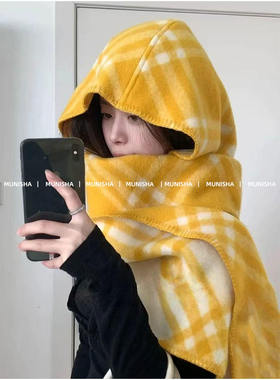 MUNISHA  顶配版！经典款格子羊毛 25秋冬带帽连帽围巾披肩围脖女