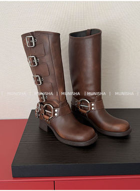 MUNISHA 正确顶配版 擦色鹿皮机车靴 骑士靴  时髦酷辣女孩高筒靴