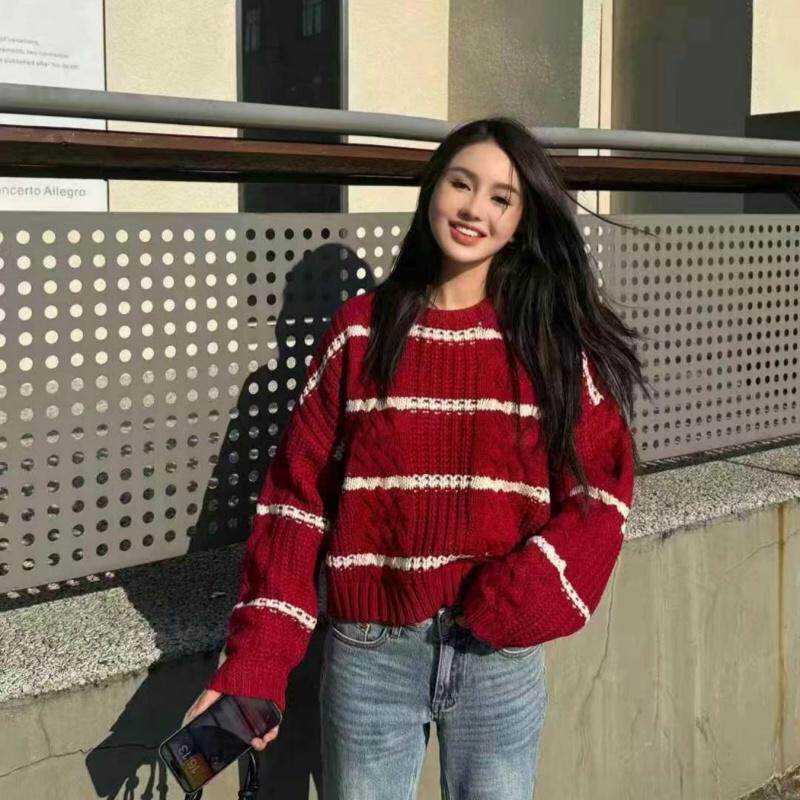 北欧风冬季复古粗麻花撞色条纹毛衣加厚宽松百搭慵懒风针织上衣女