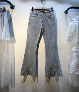 欧洲站2024春装欧货新款重工流苏钉珠毛边高腰修身显瘦微喇牛仔裤