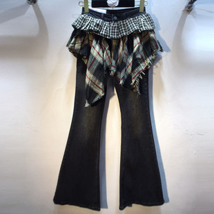 超个性!2026春夏新款假两件格子拼接显瘦紧身微喇裤弹力牛仔裙裤