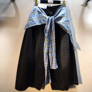 复古水洗擦色阔腿春秋新款格子屁帘小个子高腰宽松显瘦八分弯刀裤