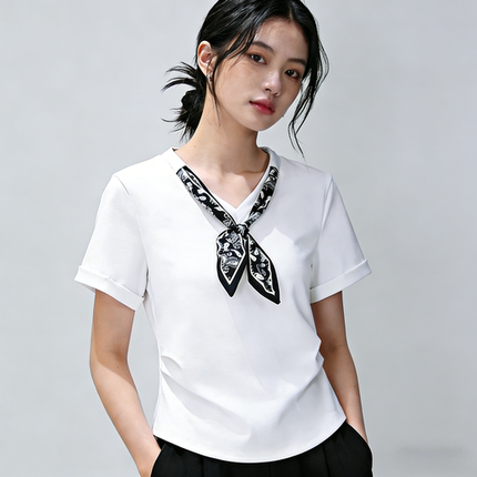 2026夏季新款白色V领短袖T恤女纯棉修身高级感丝巾设计感气质上衣