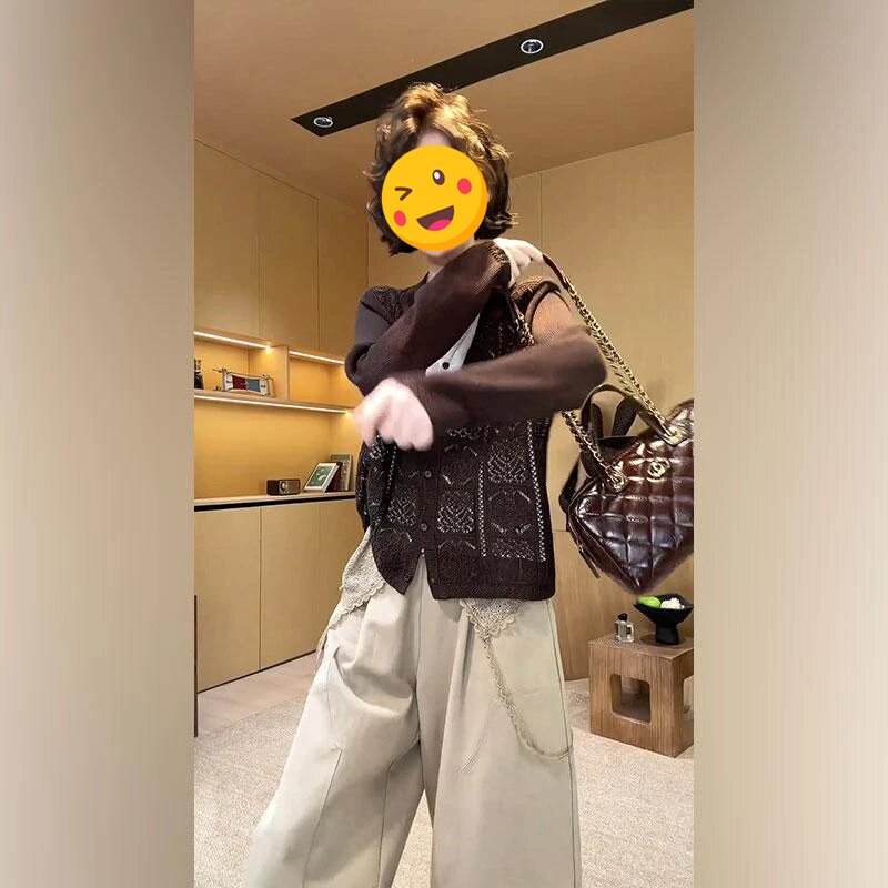秋季休闲新搭配减龄套装女复古菱格假两件针织衫上衣高腰休闲裤子