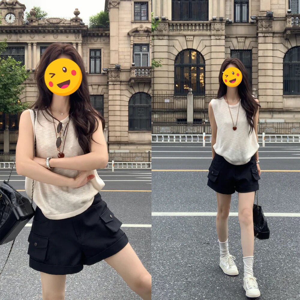 韩系两件套装女2026年夏季纯色百搭无袖上衣搭配高腰遮胯工装短裤