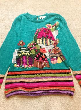 镇店重磅 趣味湖蓝绿色花苞姑娘彩虹渐变 纯手工孤品毛衣套头