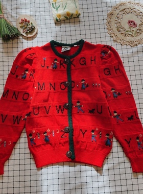 德国购回vintage奥地利大红色可爱小孩和字母古着手工毛衣