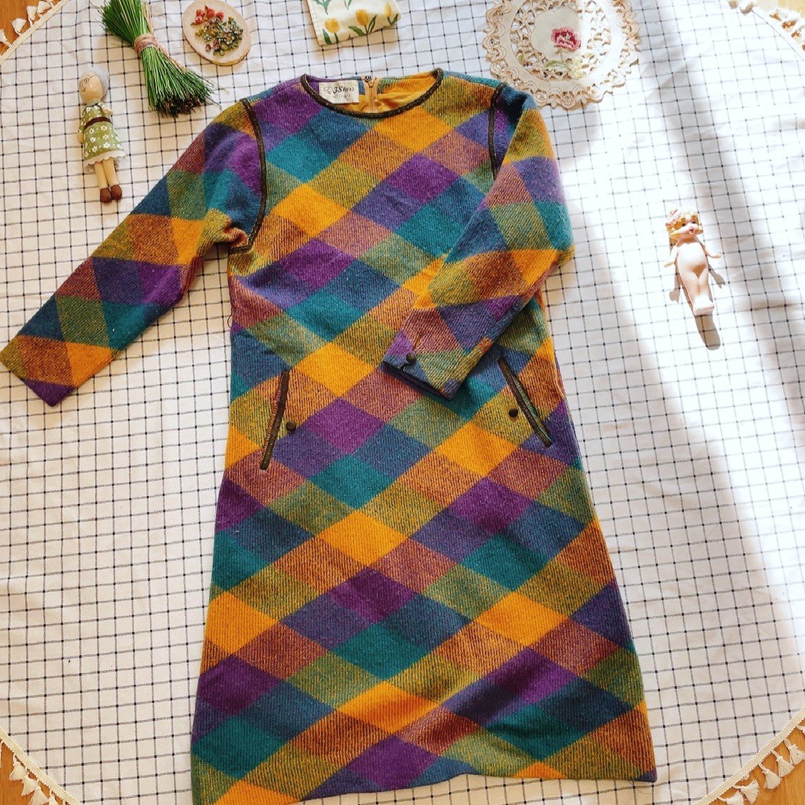 日本购回精品vintage彩虹格子古着羊毛连衣裙