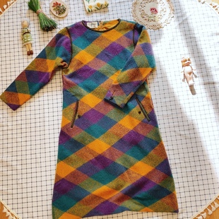 日本购回精品vintage彩虹格子古着羊毛连衣裙