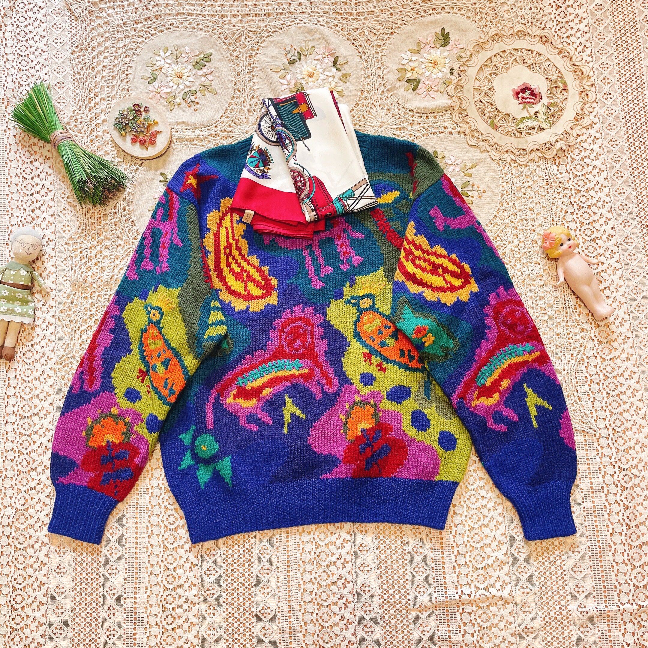 日本vintage精品糖果色可爱恐龙涂鸦古着手工毛衣