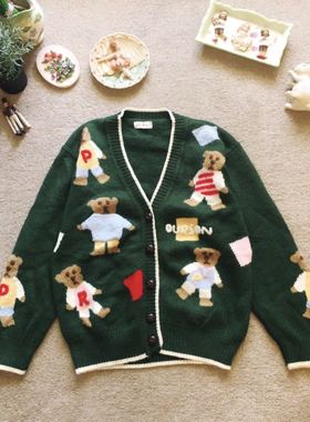 精品 趣味重磅墨绿色可爱刺绣泰迪熊 纯手工孤品古着毛衣全新