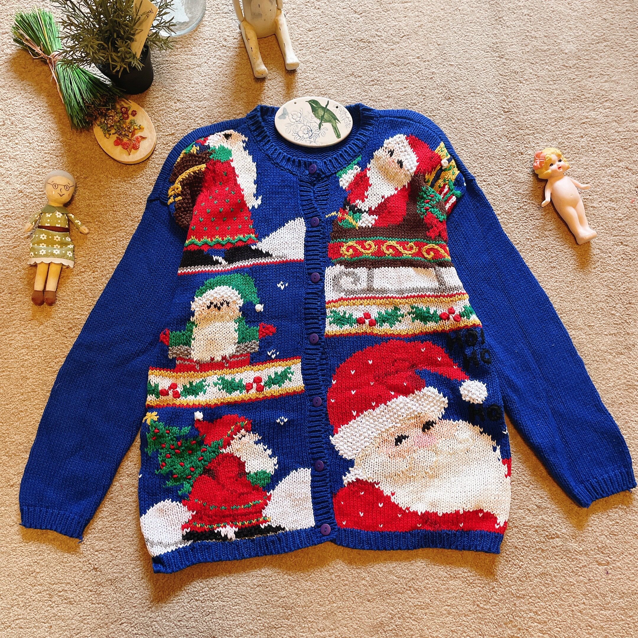 美国购回特价 宝蓝色超美圣诞老人 纯手工vintage古着毛衣
