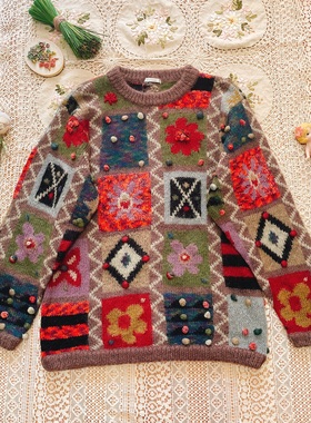 日本购回高级灰紫色油画色重工豆豆彩色几何格子手工古着毛衣