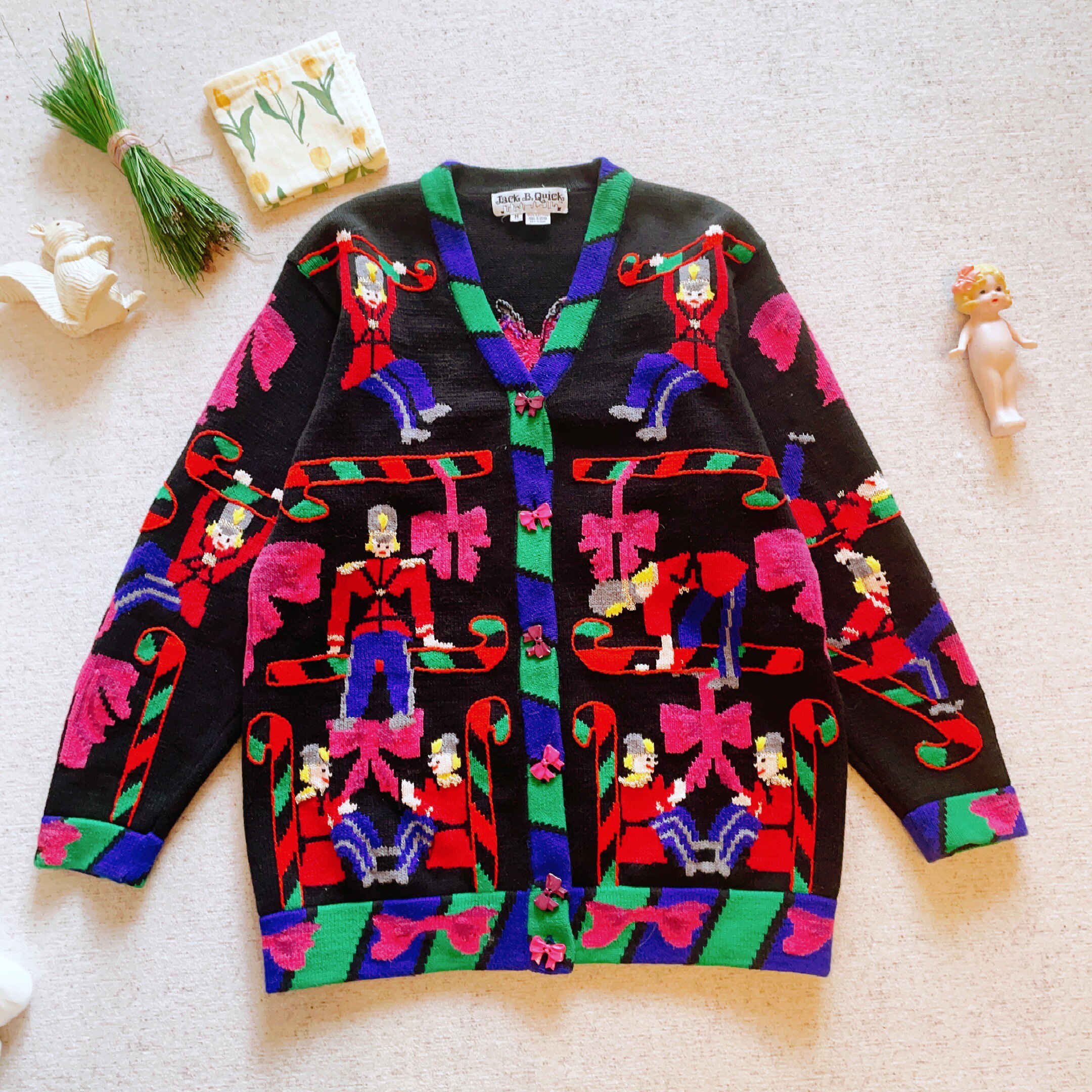 美国购回趣味圣诞粉色蝴蝶结士兵纯手工vintage孤品毛衣